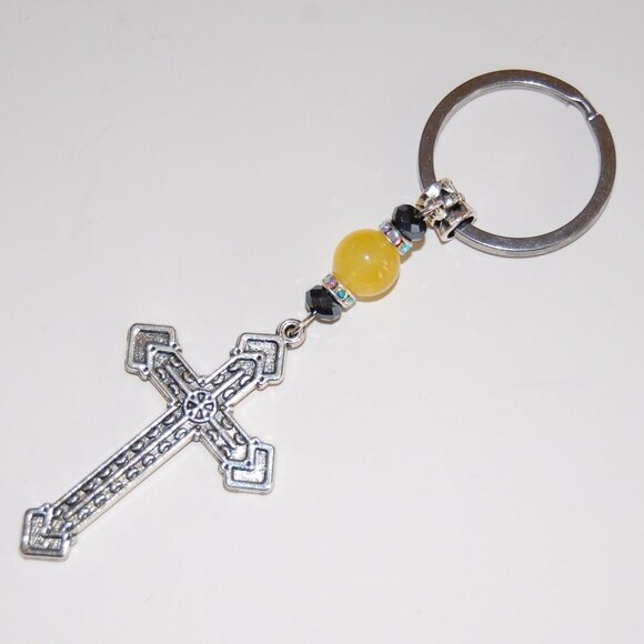 Cross Keychain,Cross Yellow Stone Bead Keychain,Prayer Keychain - Picture 1 of 2